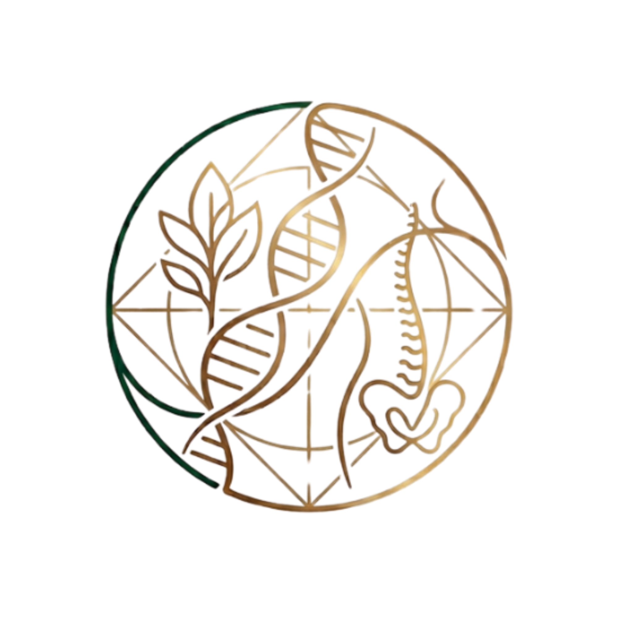The NUTRIGENOVIA emblem: circular line art of a DNA helix, botanical forms and human anatomy
