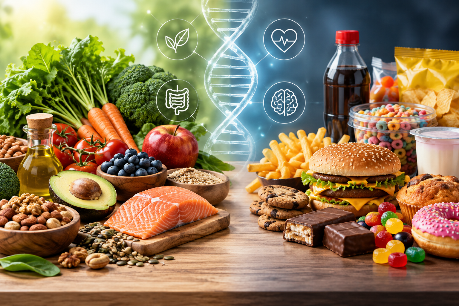 Whole foods such as vegetables, fruit, nuts and salmon beside ultra-processed snacks, soft drinks and fast food.
