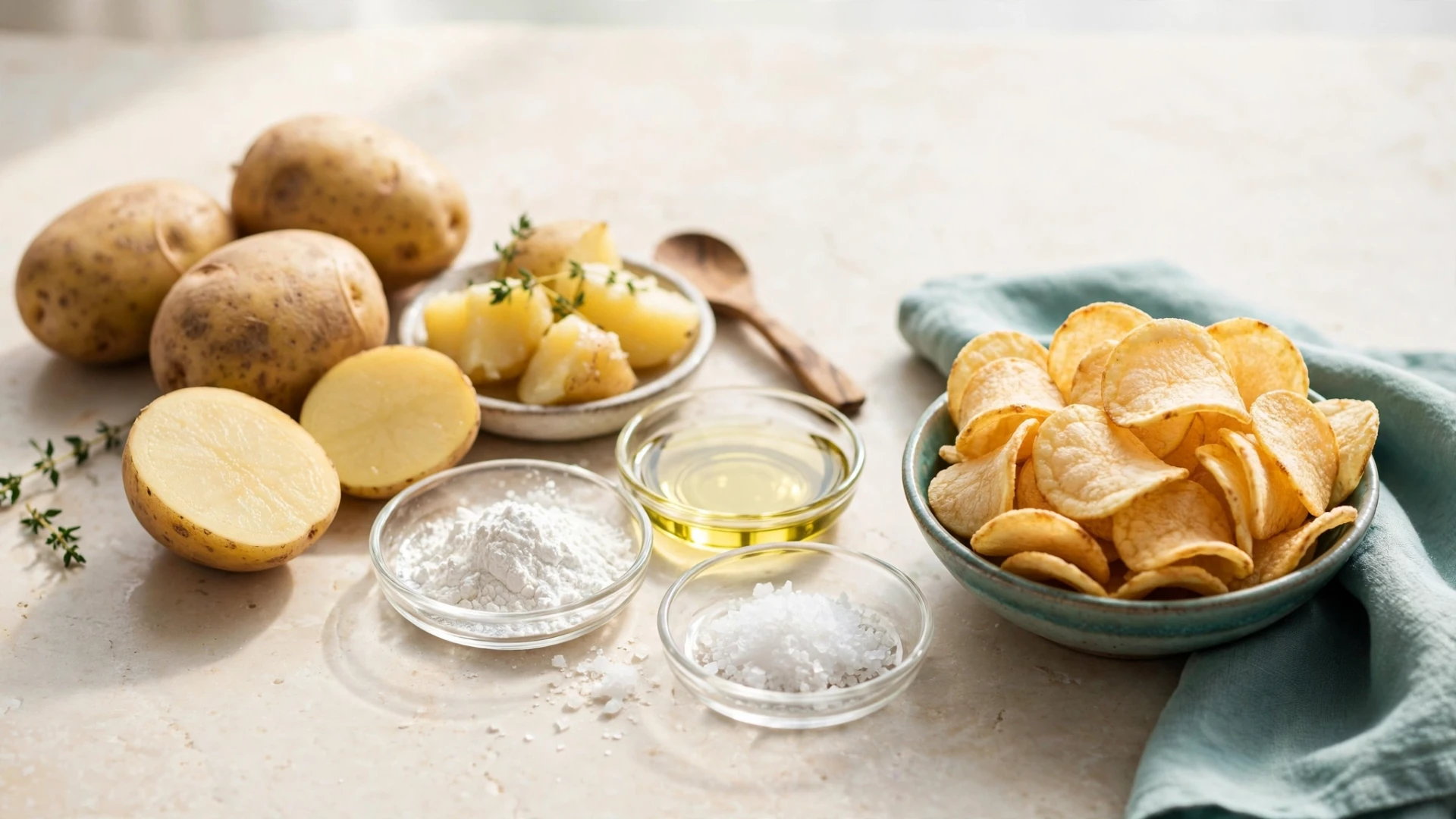 Цели картофи, варени картофи, нишесте, олио и сол до купа с картофен чипс
